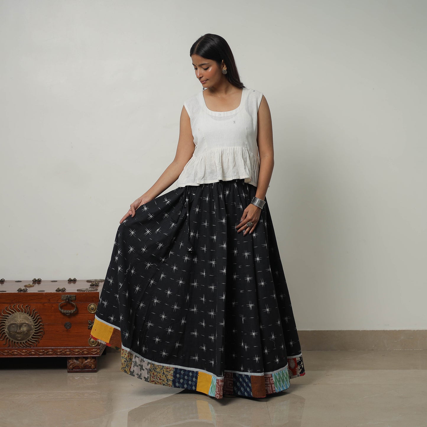 Black - 24 Kali Cotton Pochampally Ikat Skirt with Border 18