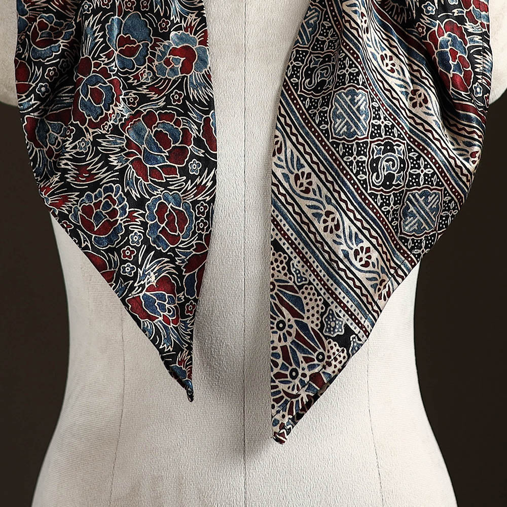 Ajrakh Hand Block Print Natural Dyed Modal Silk Brooch Scarf 06