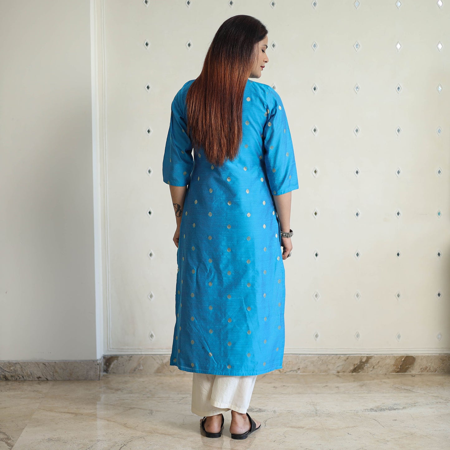 Sky Blue - Polka Zari Buti Spun Dupion Silk Long Straight Kurta 27