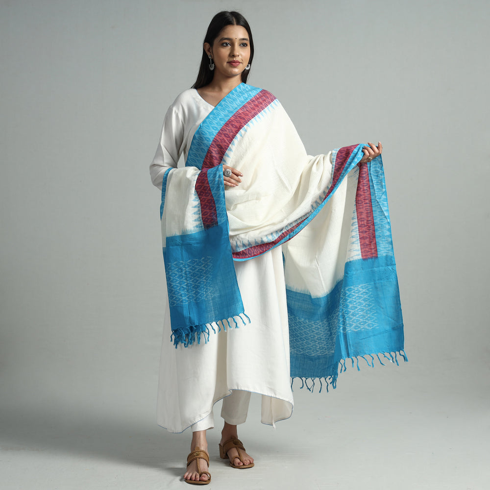 White - Pochampally Ikat Handloom Cotton Dupatta with Tassels 39