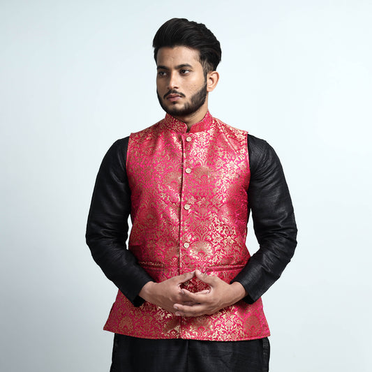 Red - Magenta Brocade Banarasi Silk Nehru Jacket