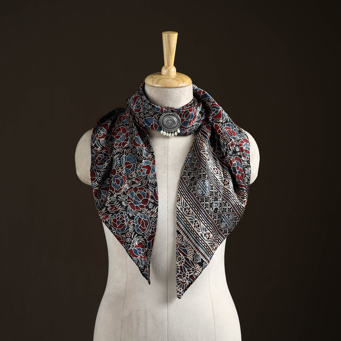 Ajrakh Hand Block Print Natural Dyed Modal Silk Brooch Scarf 06