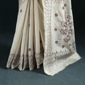 White - Bengal Hand Embroidery Silk Nakshi Kantha Saree 02