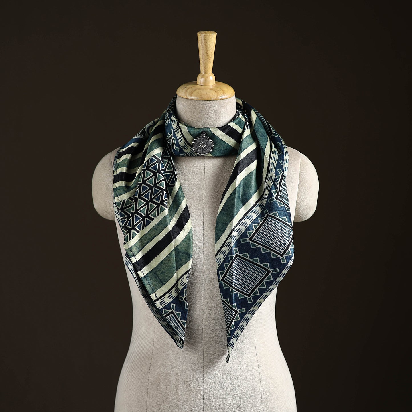 Ajrakh Hand Block Print Natural Dyed Modal Silk Brooch Scarf 08