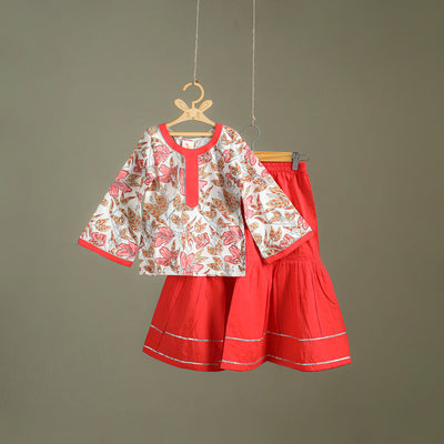Girls Gota Work Floral Block Print Cotton Kurta with Sharara Set (3-4 Years) 02