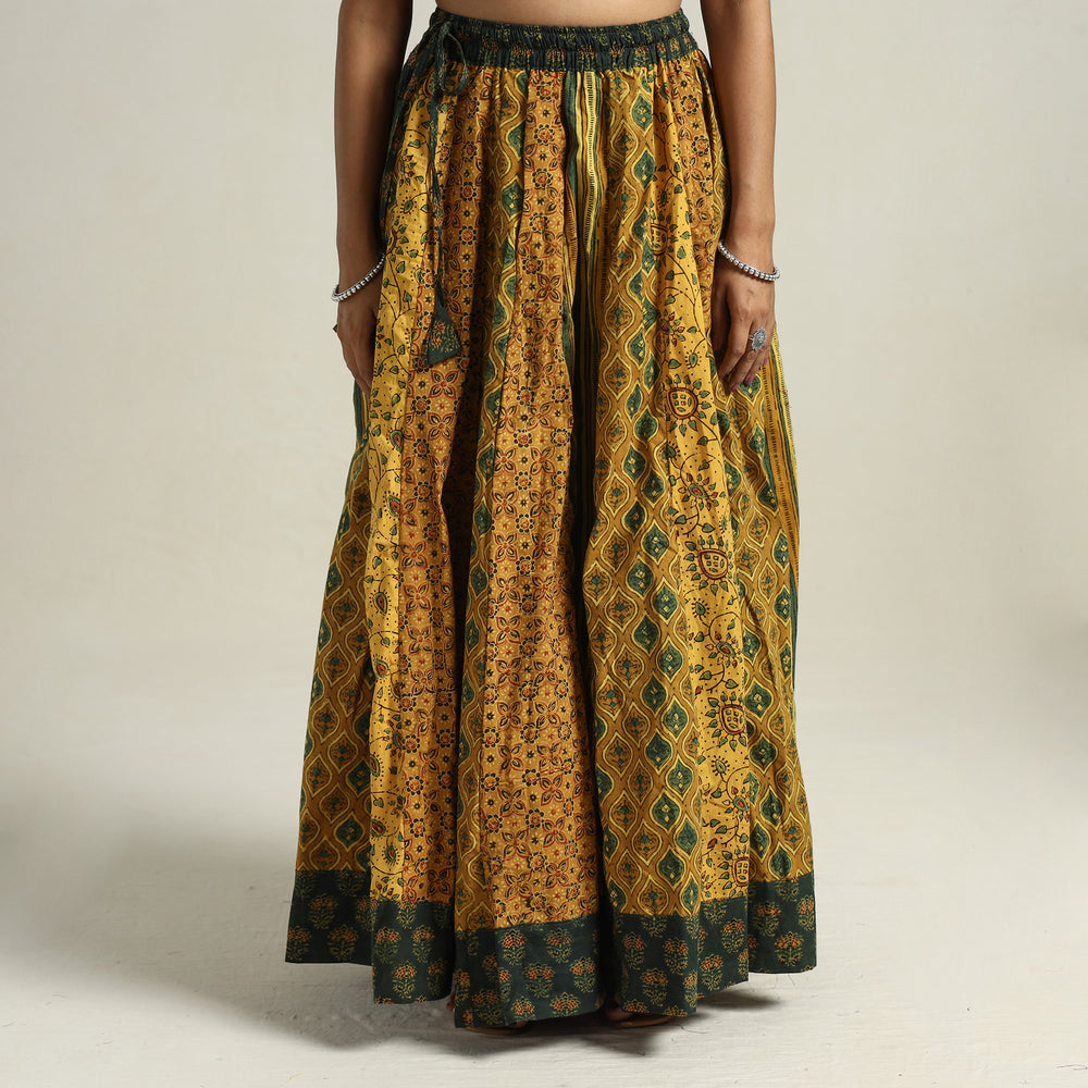 Yellow - Ajrakh Block Printed 24 Kali Patchwork Cotton Long Skirt 69