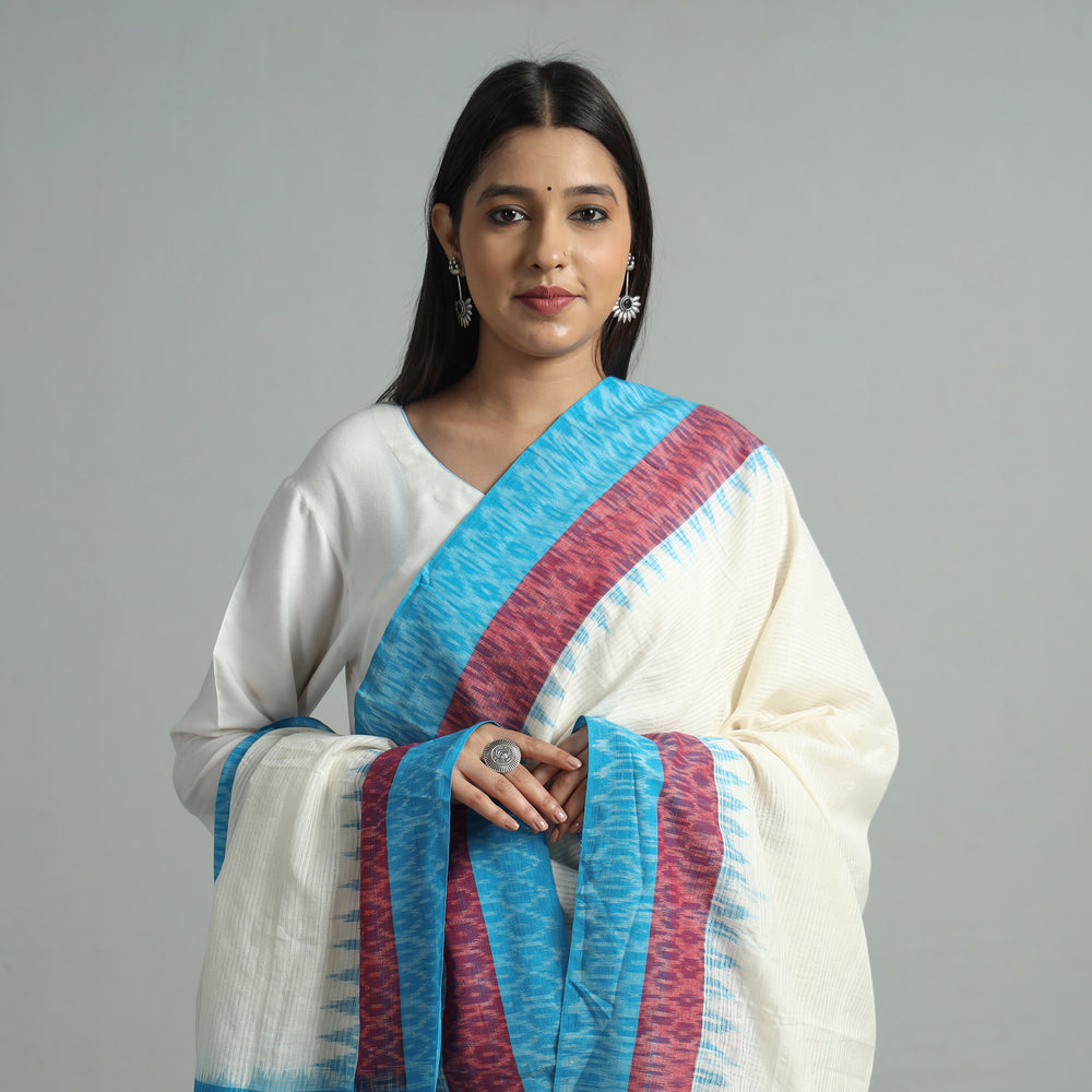 White - Pochampally Ikat Handloom Cotton Dupatta with Tassels 39