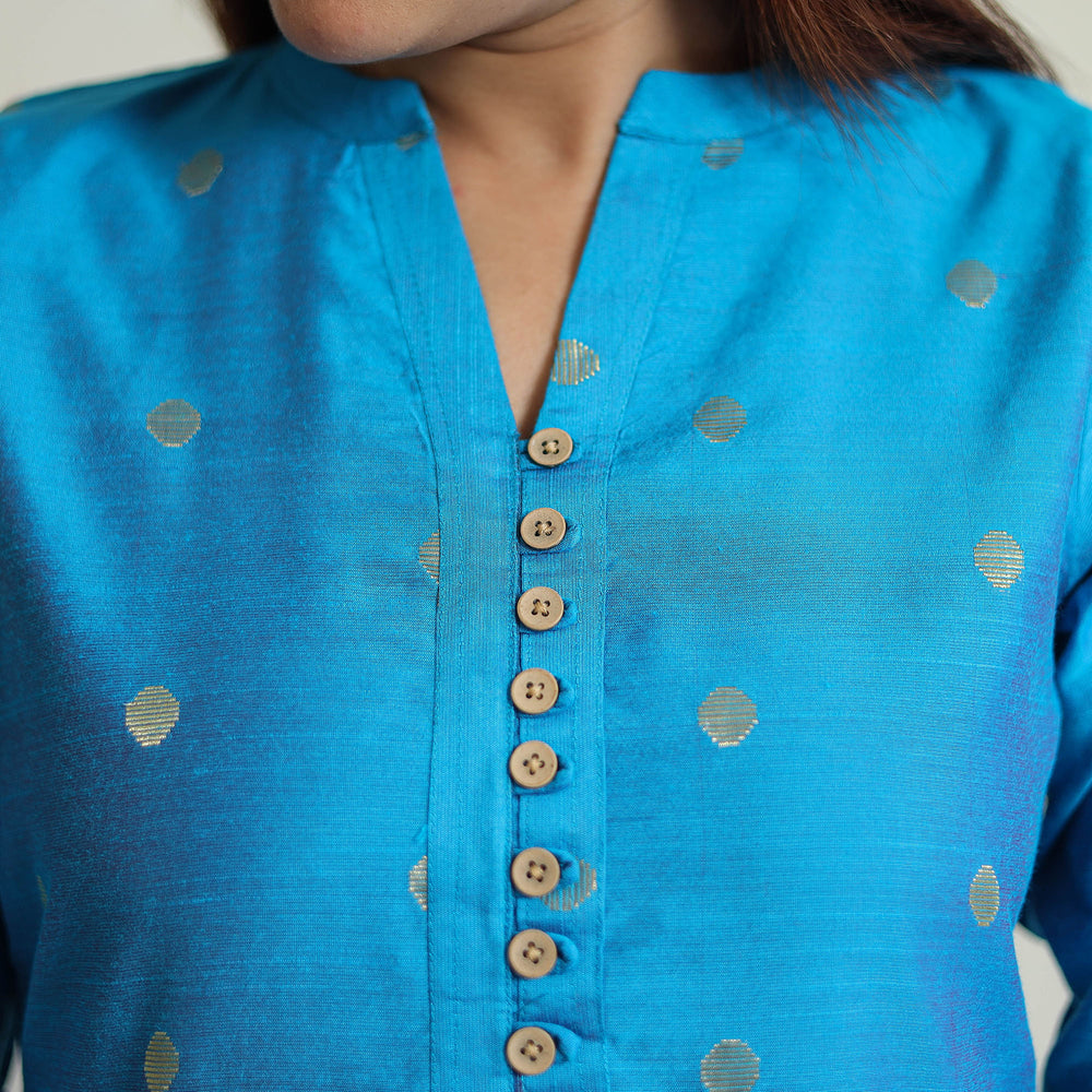 Sky Blue - Polka Zari Buti Spun Dupion Silk Long Straight Kurta 27