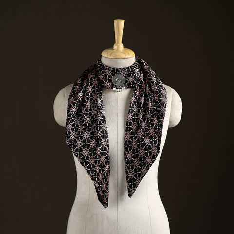 Ajrakh Hand Block Print Natural Dyed Modal Silk Brooch Scarf 07
