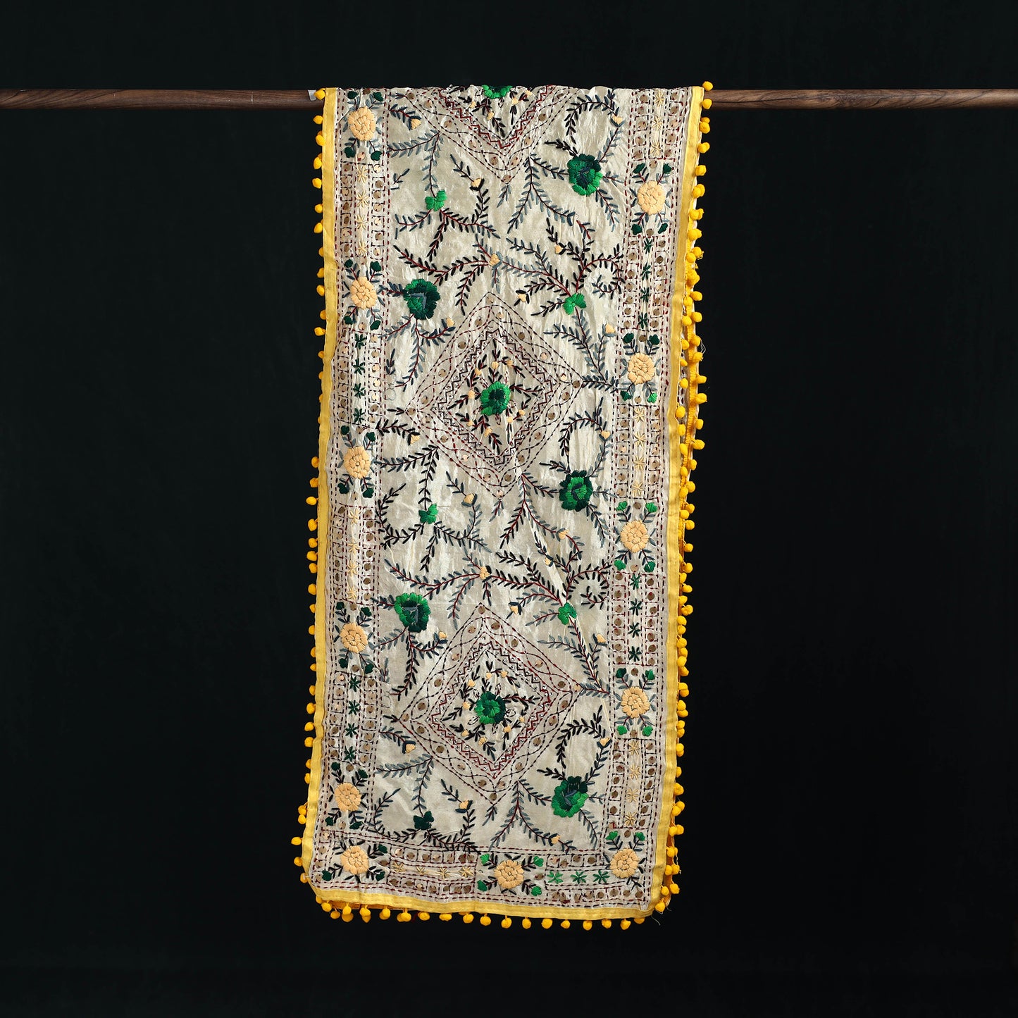 Ranihati Chanderi Silk Hand Embroidered Stole with Pom Pom 229