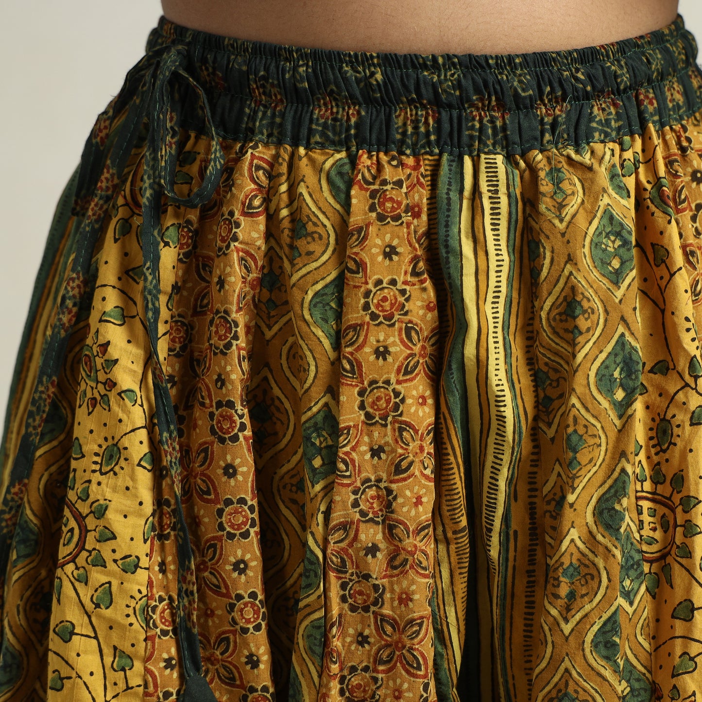 Yellow - Ajrakh Block Printed 24 Kali Patchwork Cotton Long Skirt 69