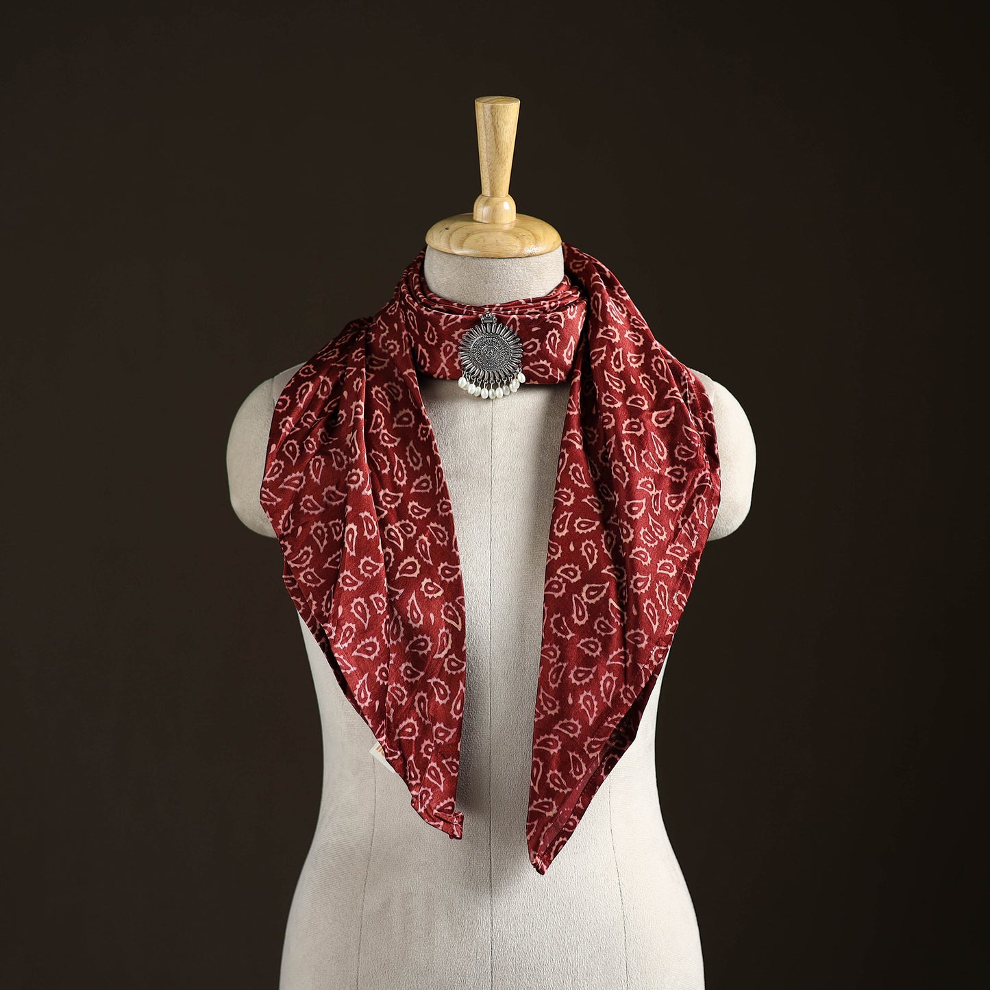 Ajrakh Hand Block Print Natural Dyed Modal Silk Brooch Scarf 09
