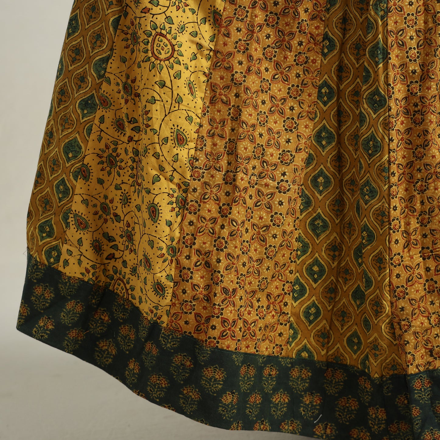 Yellow - Ajrakh Block Printed 24 Kali Patchwork Cotton Long Skirt 69