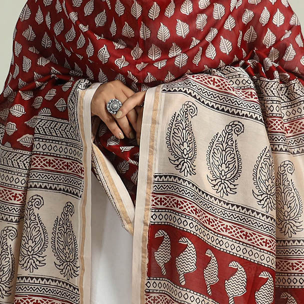 Red - Traditional Maheshwari Silk Bagh Print Dupatta 16