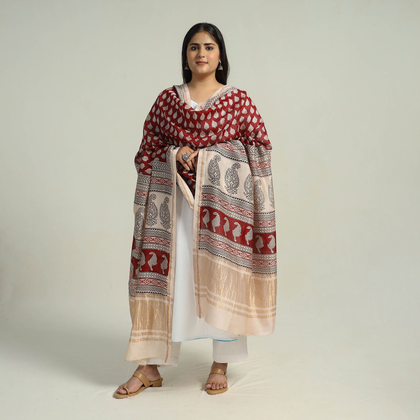 Red - Traditional Maheshwari Silk Bagh Print Dupatta 16