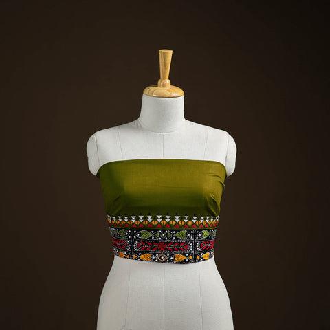 Green - Bengal Kantha Hand Embroidered Cotton Blouse Piece 16