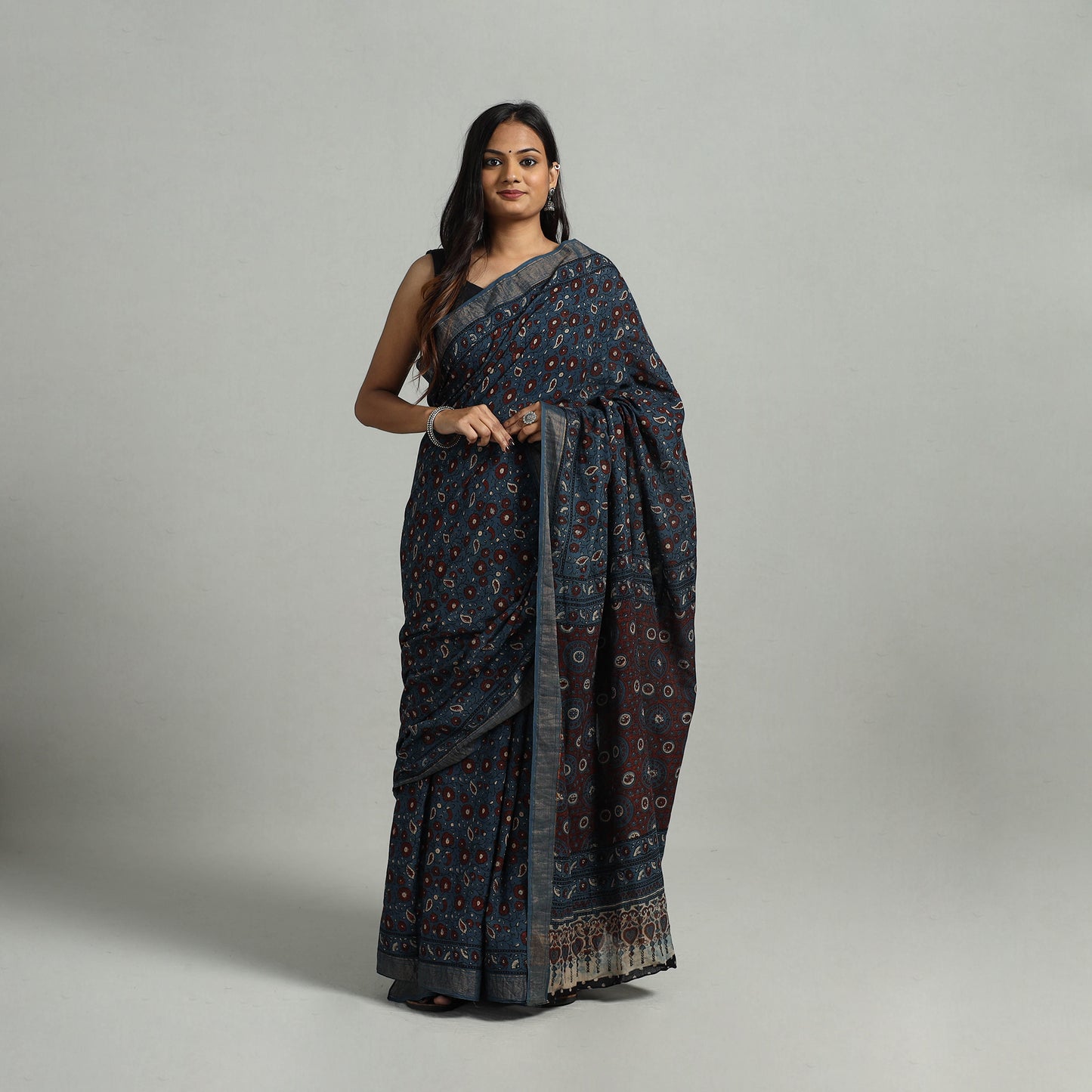 Blue - Mangalagiri Cotton Block Print Ajrakh Saree 18