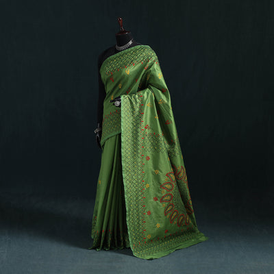 Green - Bengal Hand Embroidery Silk Nakshi Kantha Saree 03