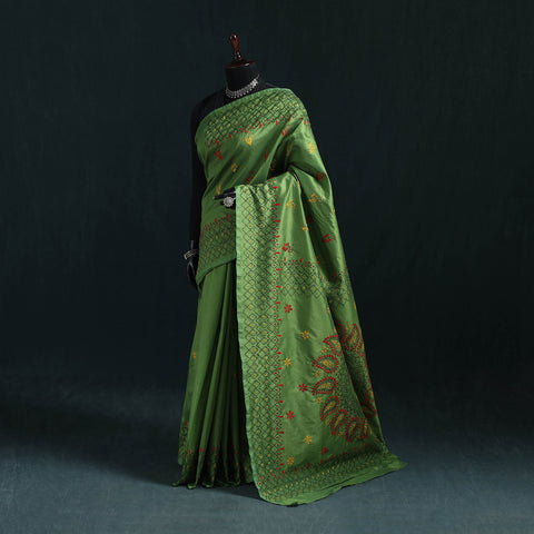 Green - Bengal Hand Embroidery Silk Nakshi Kantha Saree 03