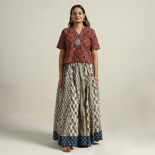 Beige - Ajrakh Block Printed 24 Kali Patchwork Cotton Long Skirt 70