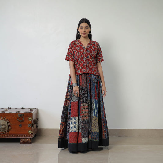 24 Kali Patchwork Block Printed Cotton Ajrakh Skirt 50