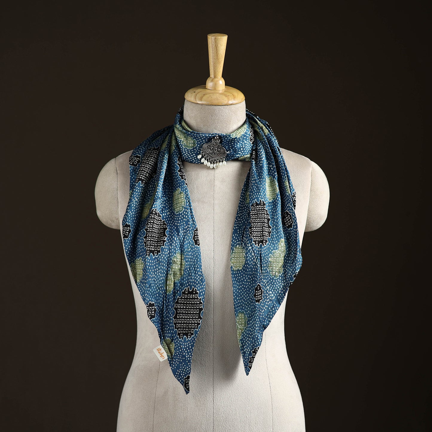 Ajrakh Hand Block Print Natural Dyed Modal Silk Brooch Scarf 10