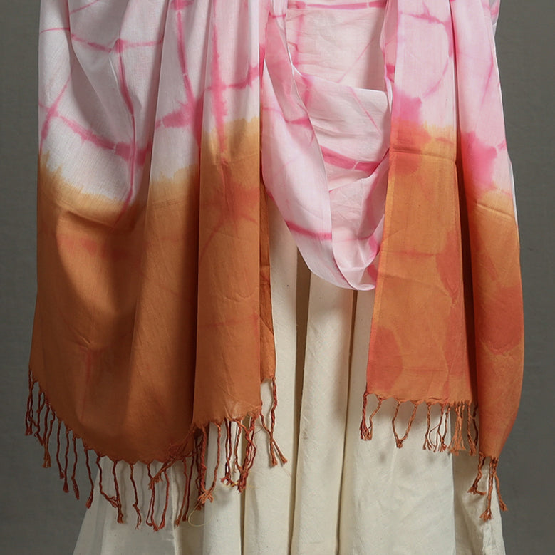 White - Shibori Tie-Dye Cotton Dupatta with Tassels 102