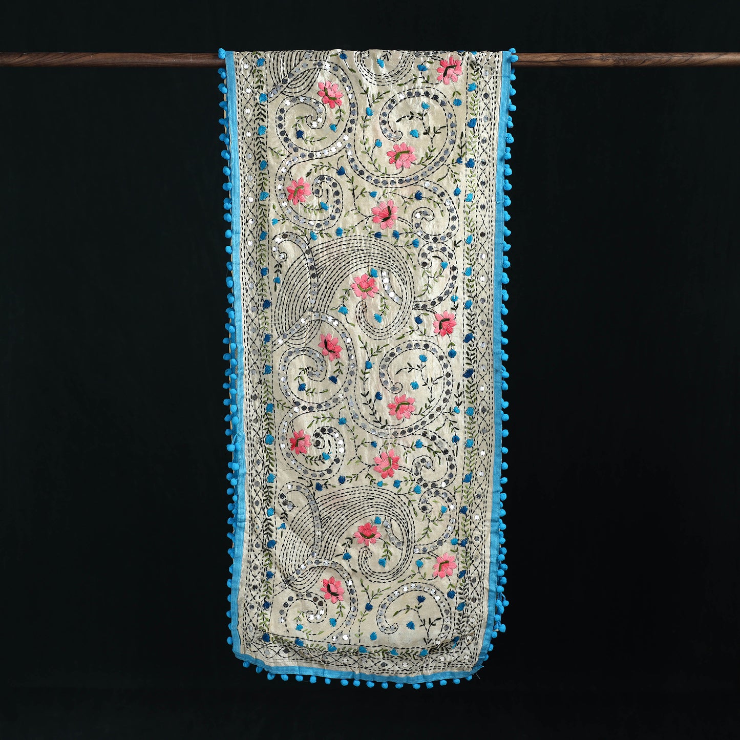 Ranihati Chanderi Silk Hand Embroidered Stole with Pom Pom 227