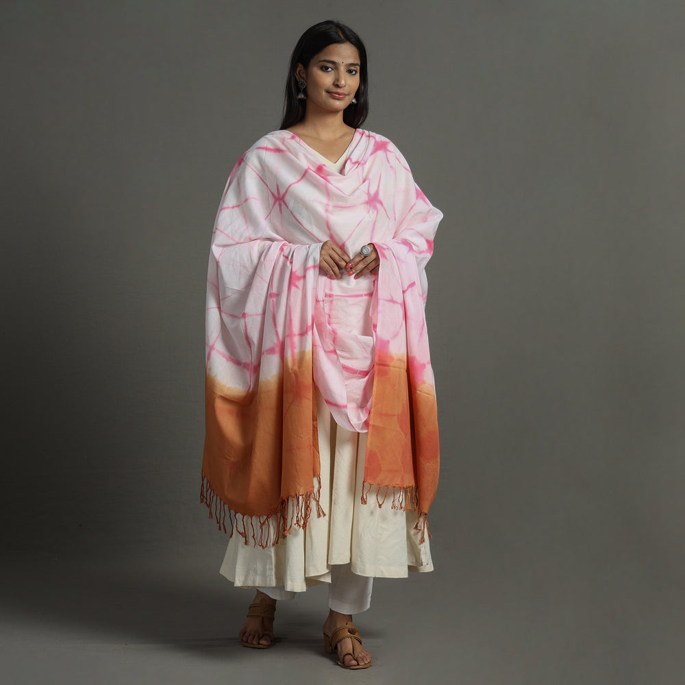 White - Shibori Tie-Dye Cotton Dupatta with Tassels 102