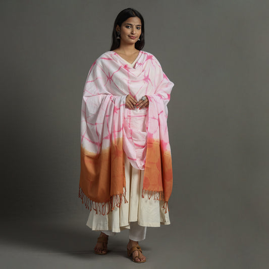 White - Shibori Tie-Dye Cotton Dupatta with Tassels 102