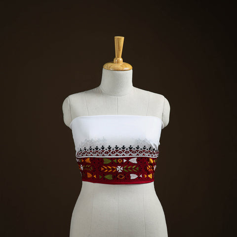 White - Bengal Kantha Hand Embroidered Cotton Blouse Piece 17