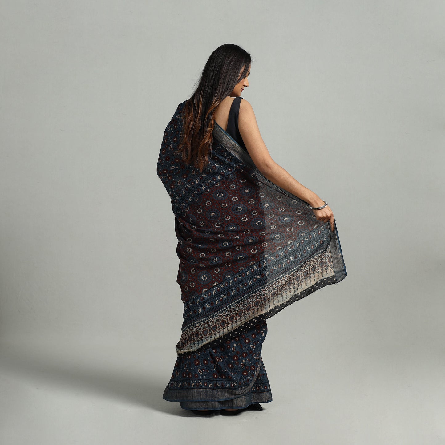 Blue - Mangalagiri Cotton Block Print Ajrakh Saree 18