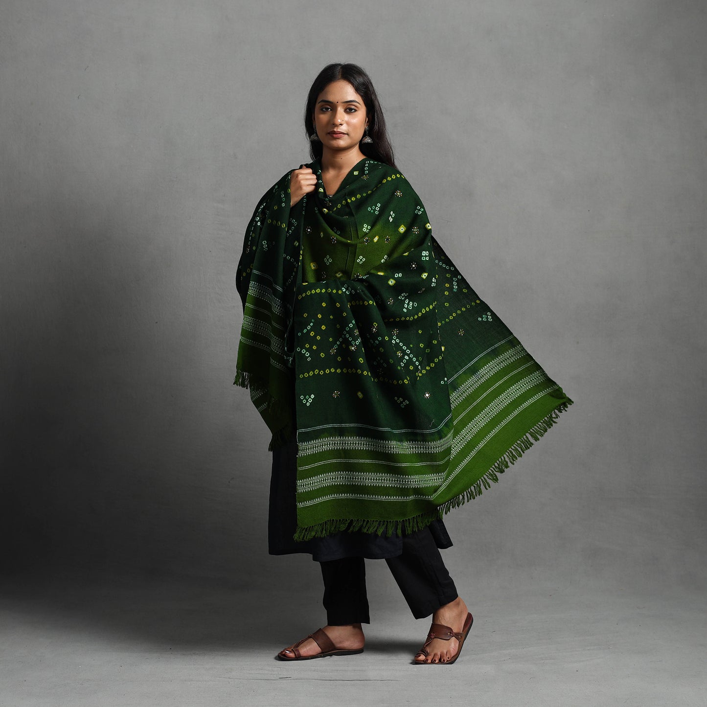 Green - Kutch Mirror Work Handwoven Bandhani Bagida Woolen Shawl 51