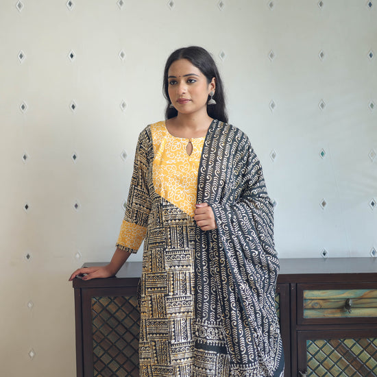 Batik Print Cotton Kurta with Palazzo & Dupatta Suit Set 12