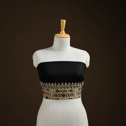 Black - Bengal Kantha Hand Embroidered Cotton Blouse Piece 18
