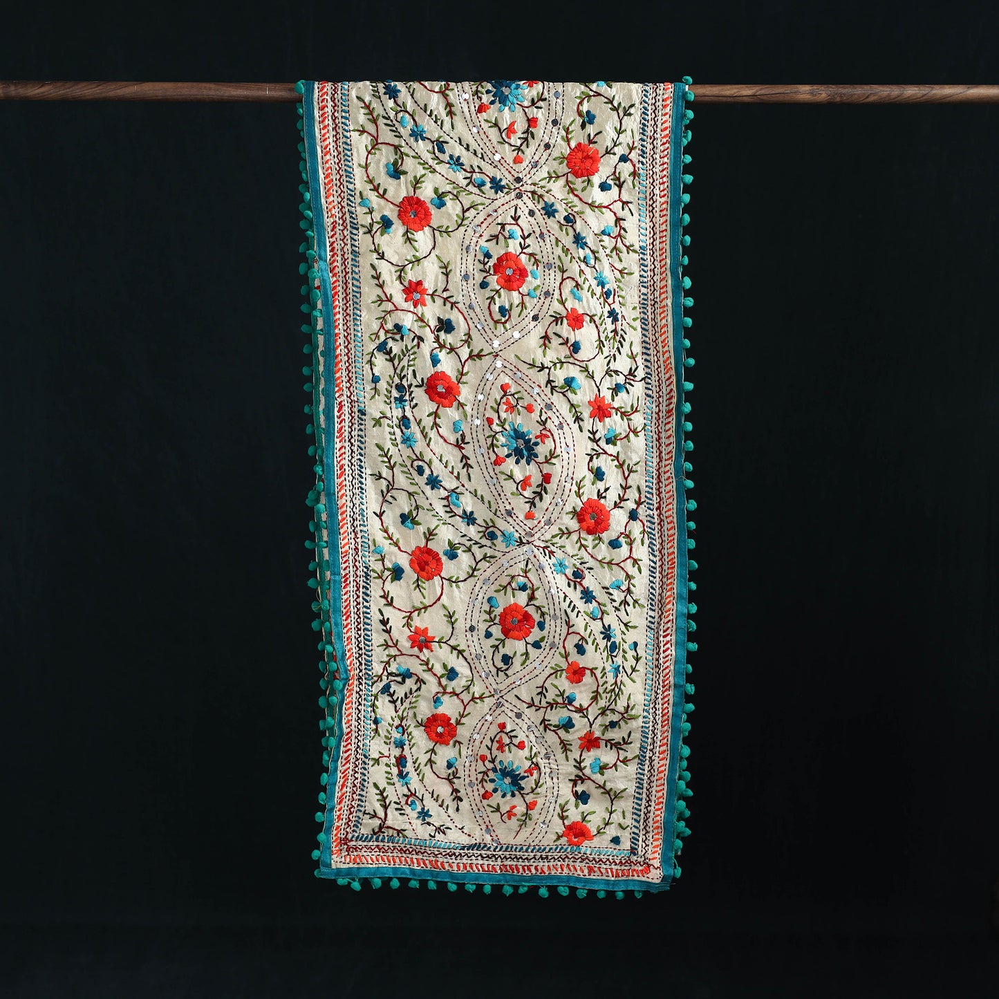 Ranihati Chanderi Silk Hand Embroidered Stole with Pom Pom 226