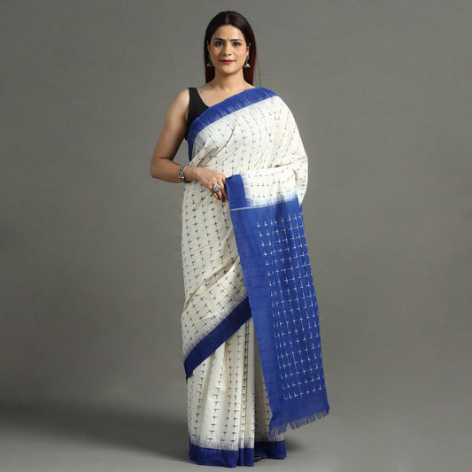 White - Pochampally Ikat Weave Handloom Cotton Saree 01