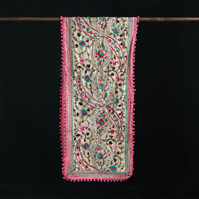 Beige - Ranihati Chanderi Silk Hand Embroidered Stole with Pom Pom 225