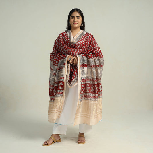 Red - Traditional Maheshwari Silk Bagh Print Dupatta 17