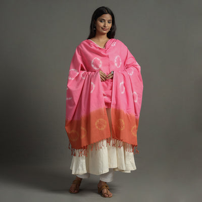 Pink - Shibori Tie-Dye Cotton Dupatta with Tassels 103