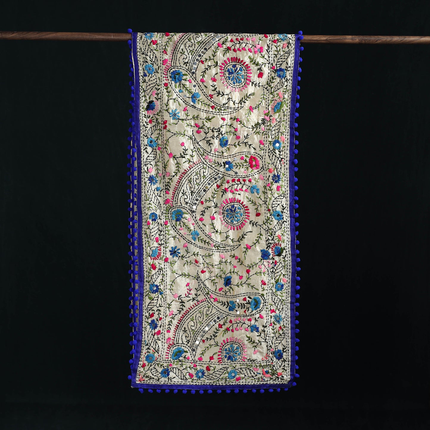 Ranihati Chanderi Silk Hand Embroidered Stole with Pom Pom 224
