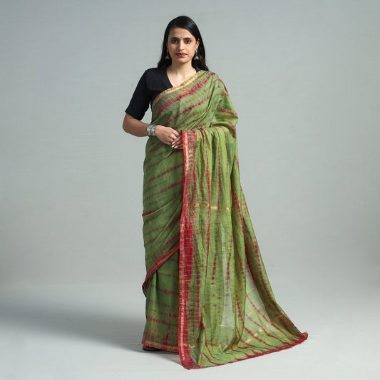 Green - Shibori Tie-Dye Chanderi Silk Saree with Zari Border