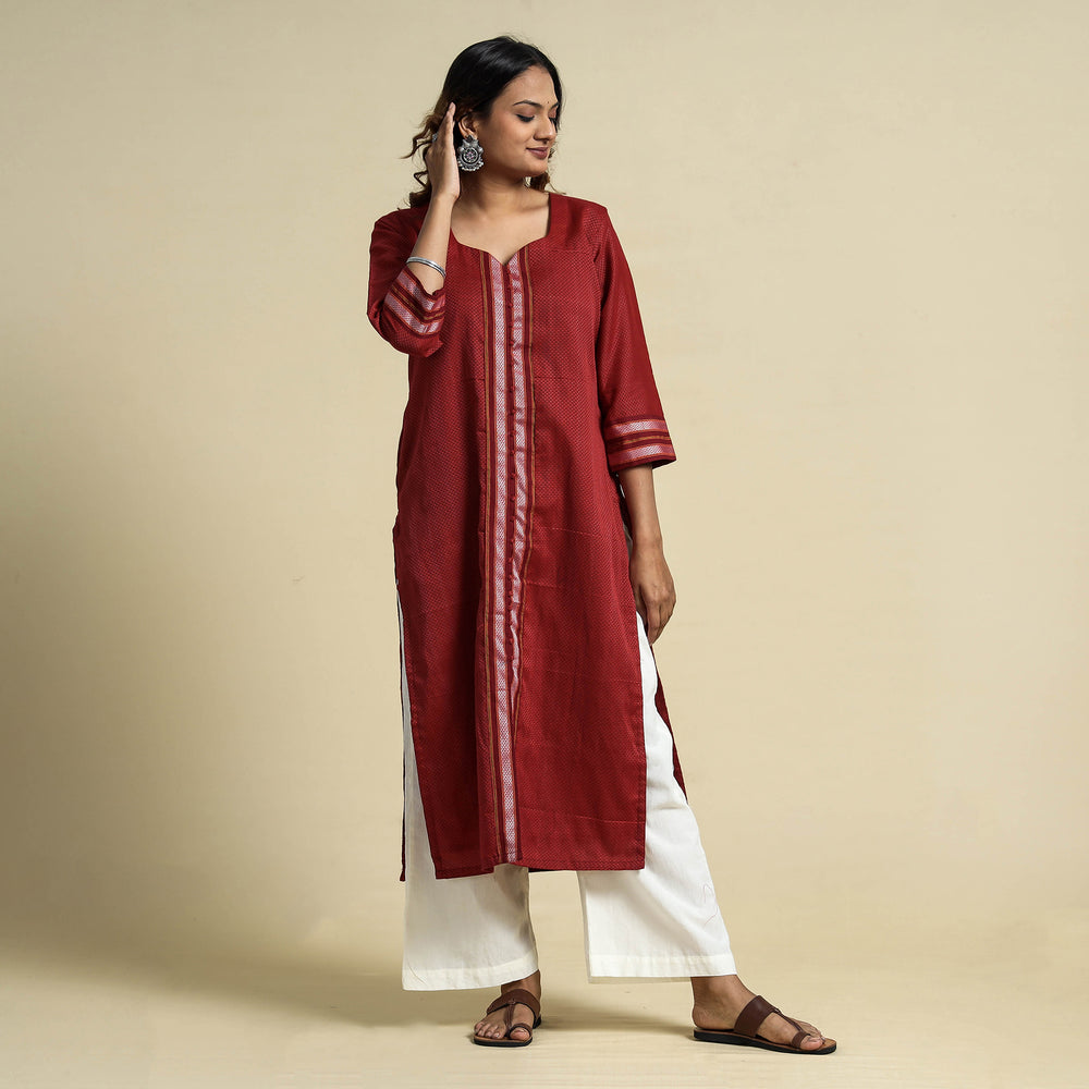 Red - Khun Weave Cotton Straight Kurta