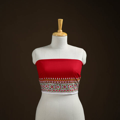 Red - Bengal Kantha Hand Embroidered Cotton Blouse Piece 21
