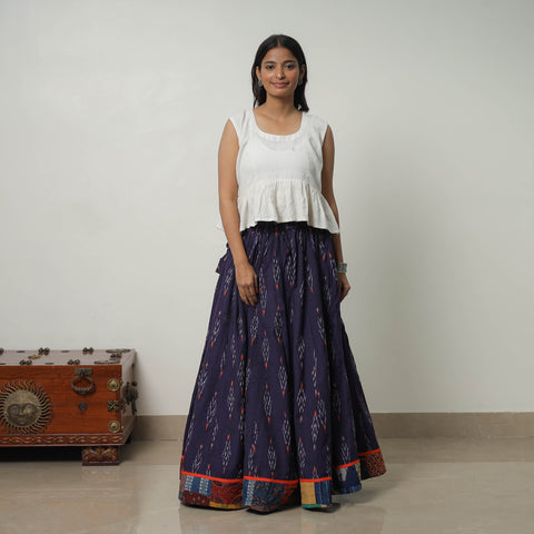 Blue - 24 Kali Cotton Pochampally Ikat Skirt with Border 19