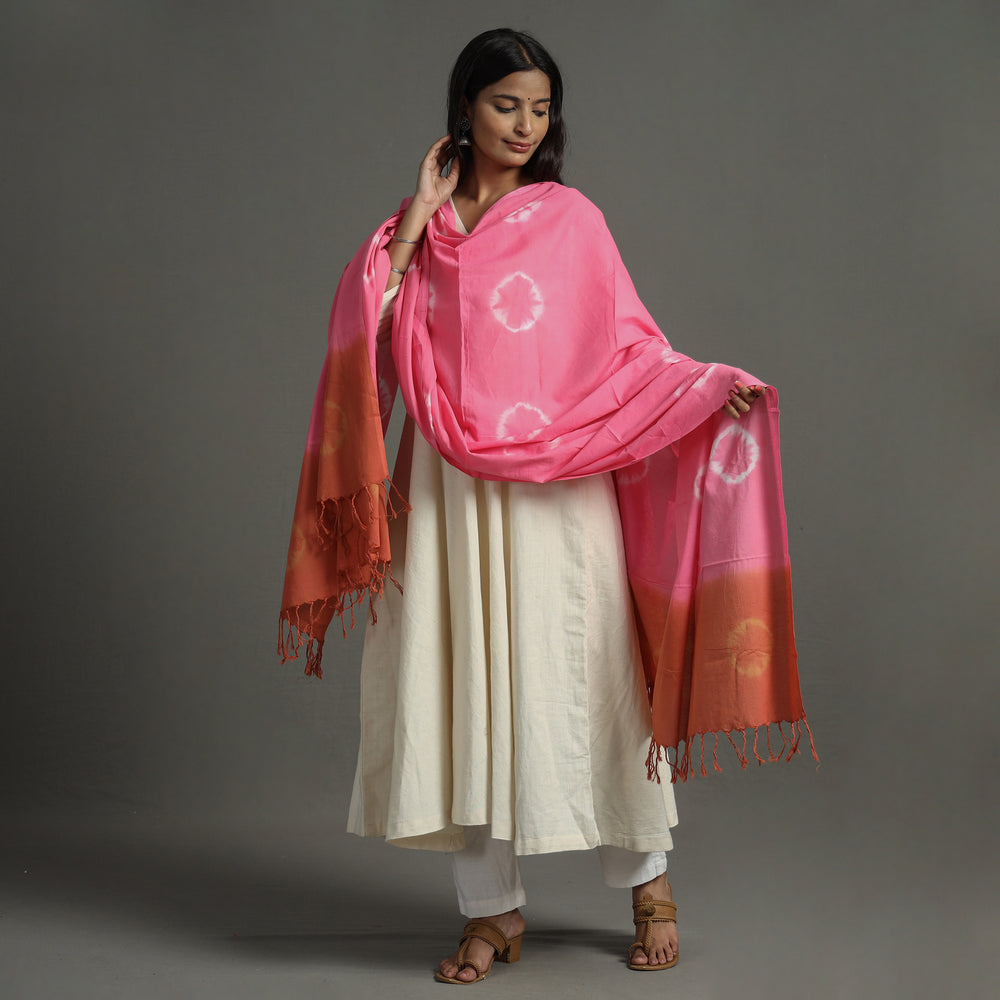 Pink - Shibori Tie-Dye Cotton Dupatta with Tassels 103