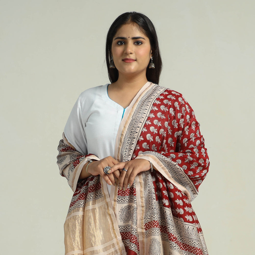 Red - Traditional Maheshwari Silk Bagh Print Dupatta 17