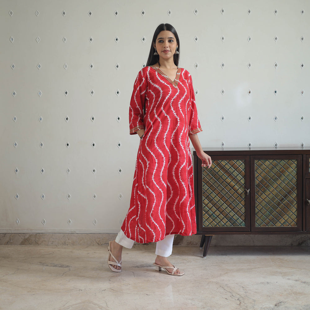 Red - A-Line Tie & Dye Cotton Shibori Kurta 02