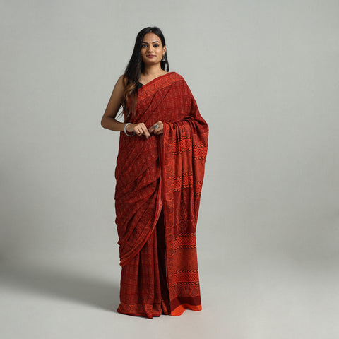 Red - Natural Dyed Cotton Bagh Print Saree 16