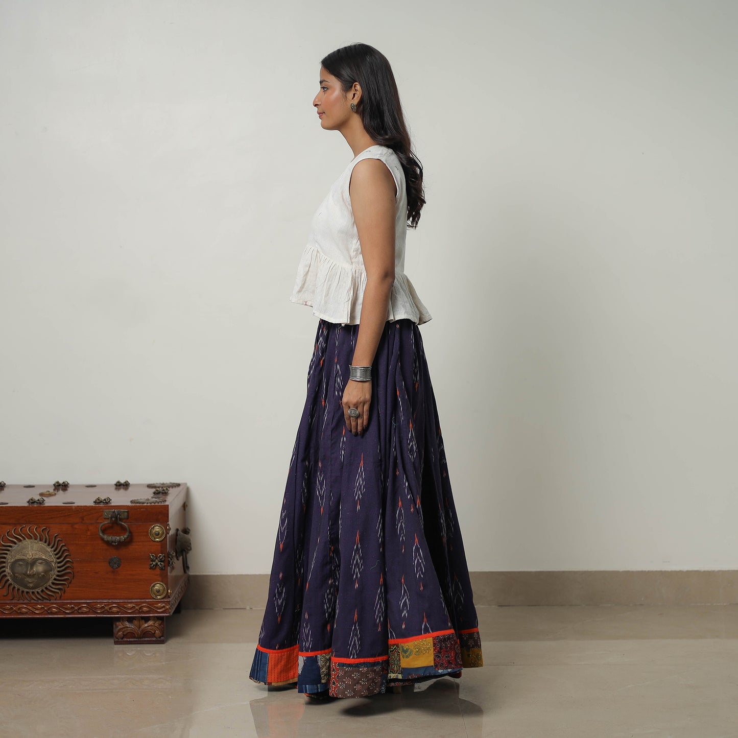 Blue - 24 Kali Cotton Pochampally Ikat Skirt with Border 19